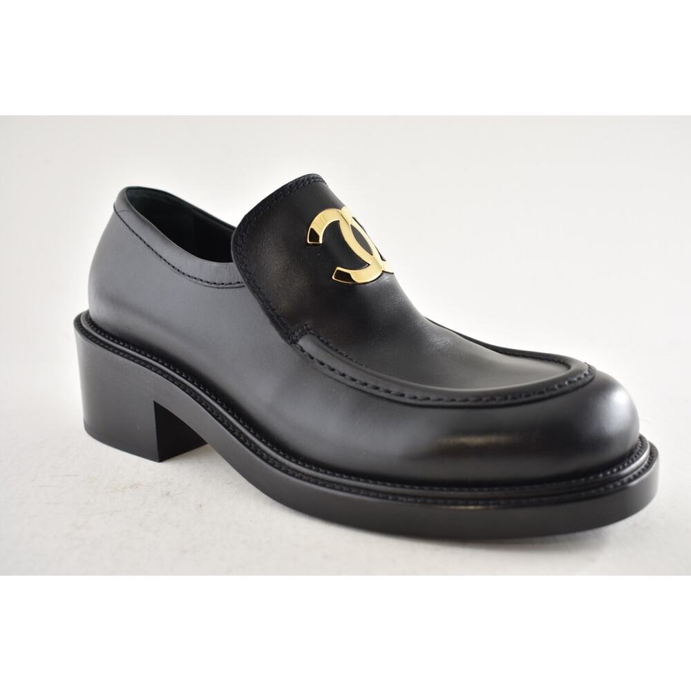 Chanel 55mm Black Calfskin Leather CC Gold Logo Block Heel Platform Loafer 39 - Picture 4 of 16